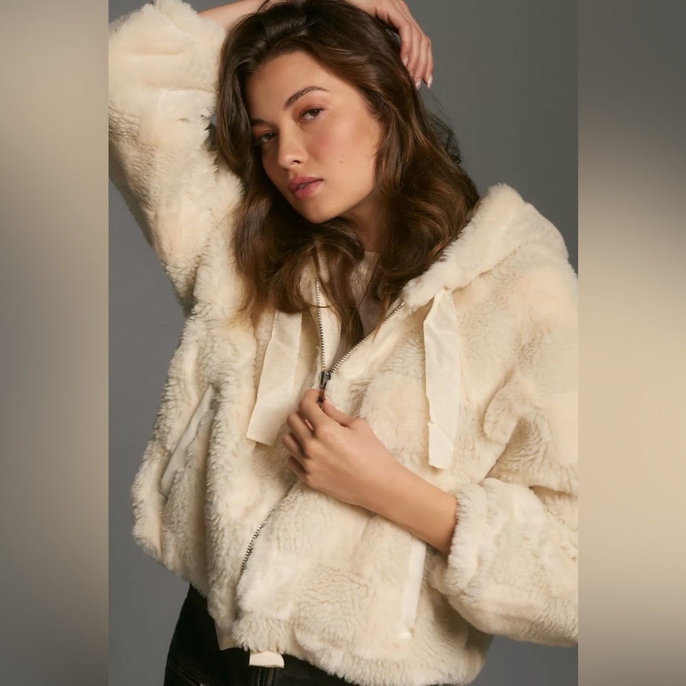 Anthropologie Cropped Faux Fur Hoodie Jacket  size Small (Off white color)